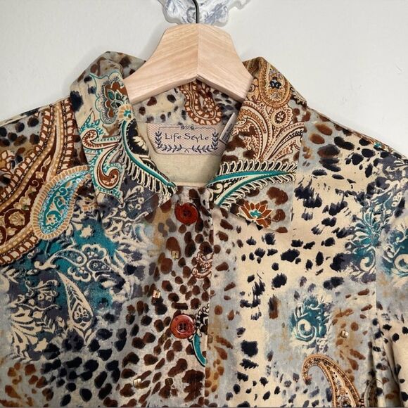 Vintage Life Style Paisley Animal Print Beaded Women's Jacket Large L - Picture 2 of 8